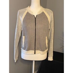 Hem & Thread Crochet Trim Knit Zip Sweater